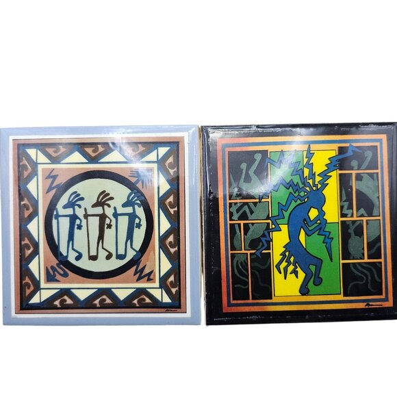 Kachina Kokopelli & Marching Loco Ceramic Tile Trivets Set Of 2 - Picture 1 of 16